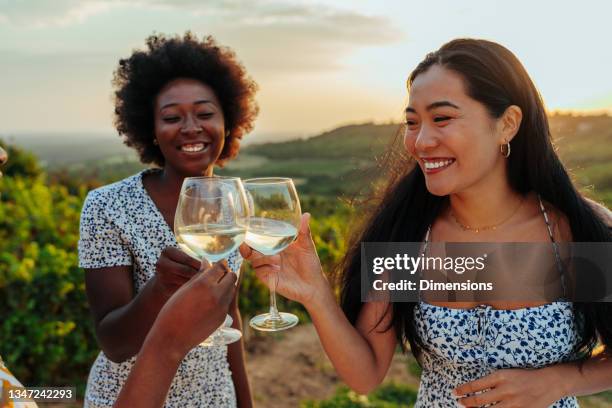 female friends making a wine toast - white wine 個照片及圖片檔