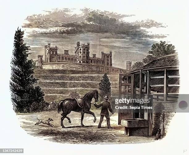 Belvoir Castle, from the Stables, showing the Covered Exercise ground, UK, England, engraving 1870s, Britain.