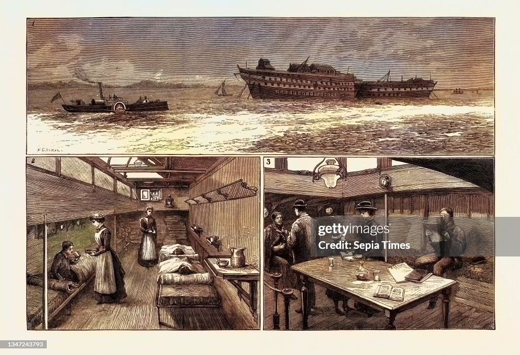 The Smallpox Epidemic and the Metropolitan Asylums Board: The Red Cross New Ambulance Steamer: 1. The Red Cross Carrying Patients to the Hospital Ships at Long Reach. 2 & 3. Cabins of the Red Cross.