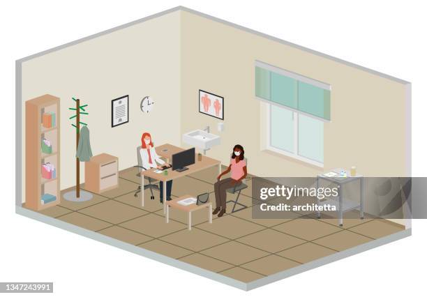 ilustraciones, imágenes clip art, dibujos animados e iconos de stock de paciente que visita al médico en el hospital perspectiva isométrica - visita