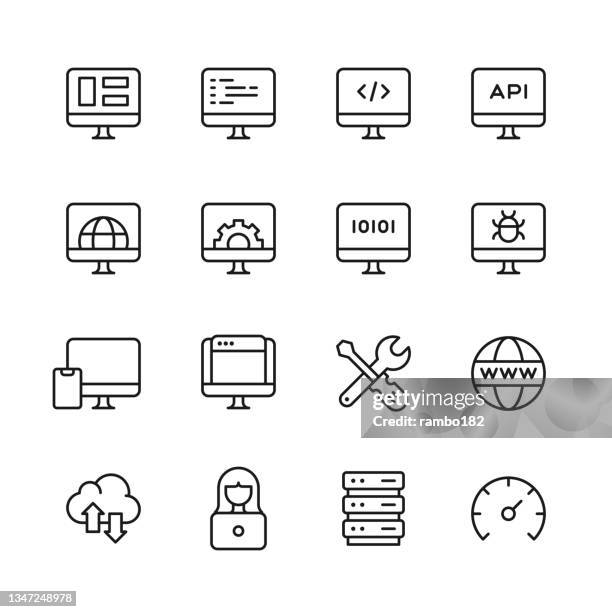 liniensymbole für die webentwicklung. bearbeitbarer kontur. pixel perfekt. für mobile und web. enthält symbole wie künstliche intelligenz, cloud computing, data science, datenbank, design, ingenieur, programmierung, seo, softwareentwicklung, webdesign. - webdesigner stock-grafiken, -clipart, -cartoons und -symbole