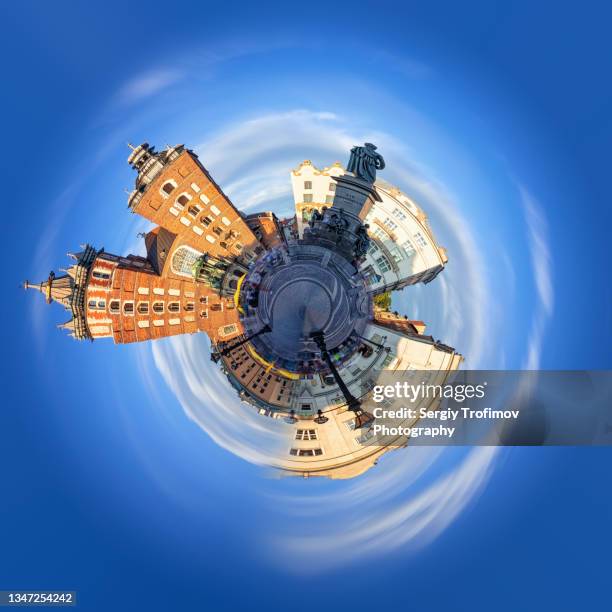 circle panorama of krakow market square with cathedral - 360 globe stockfoto's en -beelden