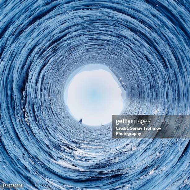 circle panorama of sea water and sailboat. little planet format - water sphere stock pictures, royalty-free photos & images