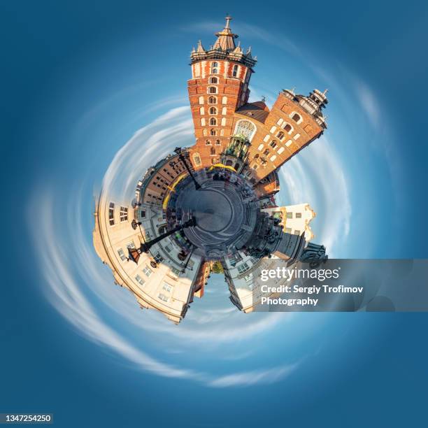 little planet of krakow market square with cathedral - fish eye lens stock pictures, royalty-free photos & images