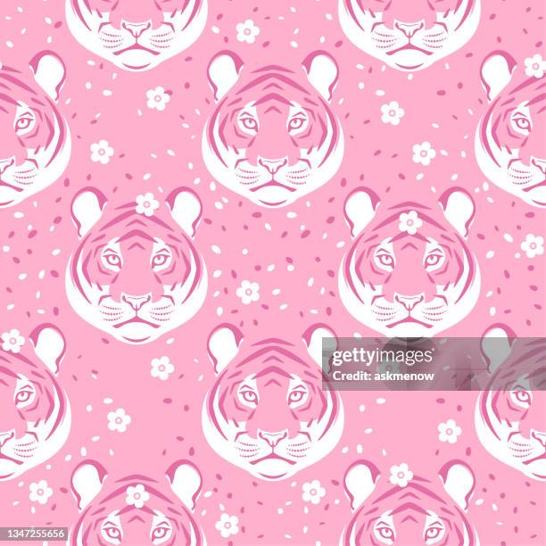 stockillustraties, clipart, cartoons en iconen met seamless pattern with tiger head - tijgerprint