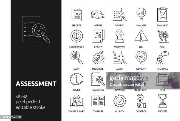 assessment line icon set. - scrutiny stock illustrations