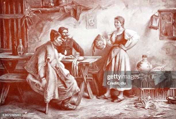 in a village inn, young woman speaks to two guests - inn stock illustrations