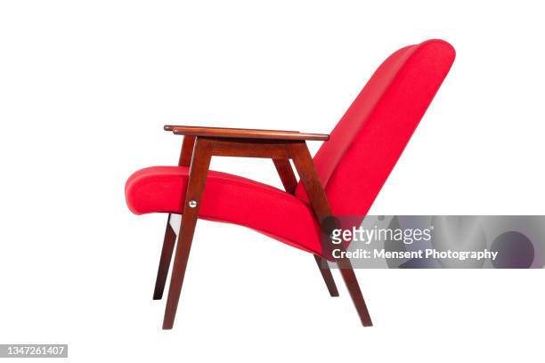 red leather  wood armchair isolated in white background - armchair stock pictures, royalty-free photos & images