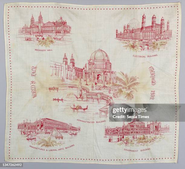 Chicago World's Fair Technique: roller printed on plain weave foundation, Five buildings at the World's Fair. Red, green and grey., USA printed, dyed...