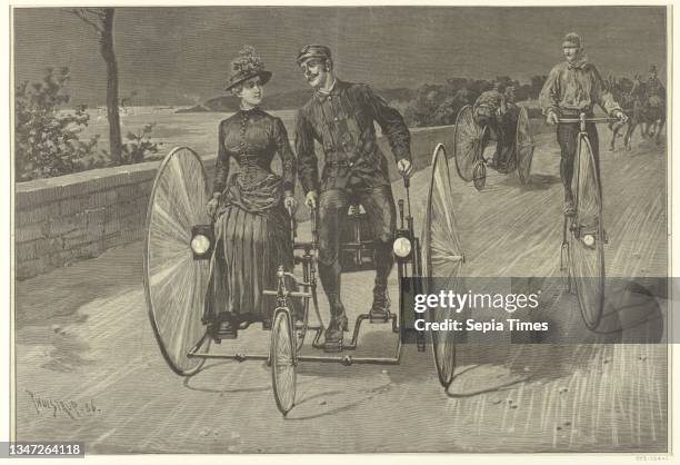 Wheeling on Riverside Drive, Thure de Thulstrup, American, b. Sweden, 1848 - 1930, Harper's Weekly, Wood engraving on white paper, A man and woman...