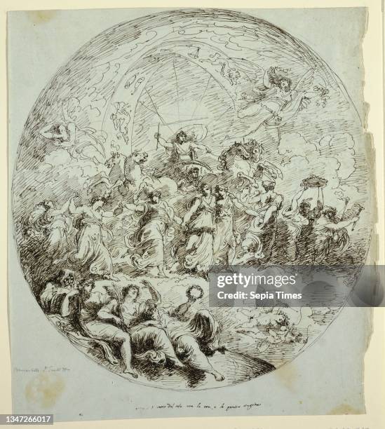 The Sun, the Hours, and the Seasons, for Palazzo Gessi, Faenza, Felice Giani, Italian, 1758–1823, Pen and ink, graphite on light blue paper, Apollo...