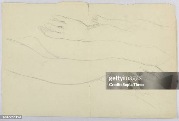 Sketch of Hands, Daniel Huntington, American, 1816–1906, Graphite on grey wove paper, Right arm of young woman, done twice, going across the page in...