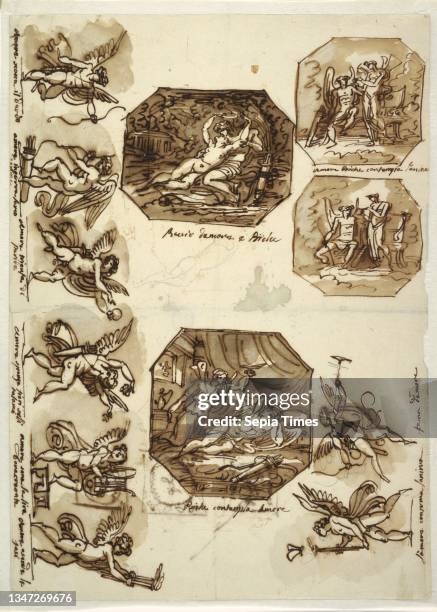 Four Octagons and Eight Drawings of Cupid, Felice Giani, Italian, 1758–1823, Pen and dark brown ink, brush and brown watercolor wash over traces of...