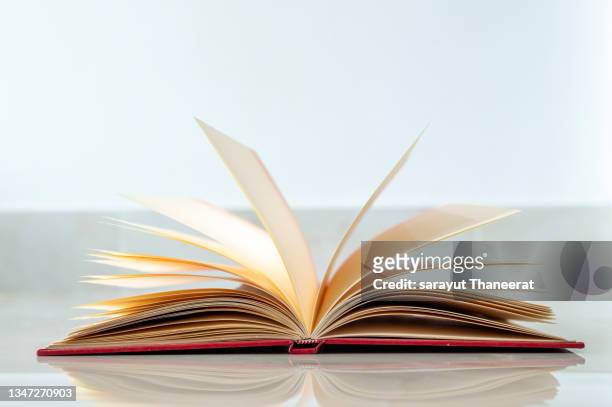 open brown book on white background - definition stock-fotos und bilder