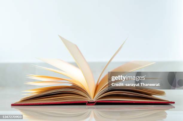 open brown book on white background - dictionary stock pictures, royalty-free photos & images