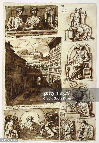 Various works of art. The court of Palazzo Mattei in Rome, Felice Giani, Italian, 1758–1823, Brush and brown wash, pen and brown ink, black chalk on...