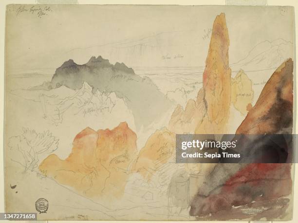 Glen Eyrie, Colorado, Thomas Moran, American, b. Britain, 1837–1926, Brush and watercolor, graphite on cream-colored paper, Horizontal view of...