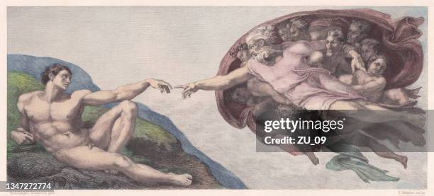 stockillustraties, clipart, cartoons en iconen met creation of adam by michelangelo, vatican, handcolored etching, published 1884 - fresco