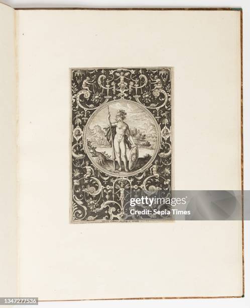 Minerva, plate from a suite of 6 ornamental designs with the Judgement of Paris, Engraving on laid paper, A contestant for Paris’ apple, Minerva is...