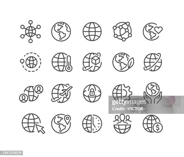 globe icons - classic line series - map of the world vector stock illustrations