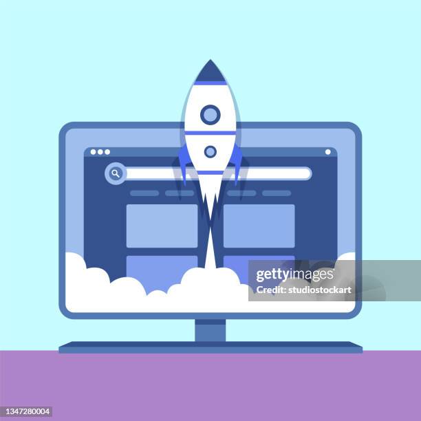 rocket space with computer - application launch stock illustrations