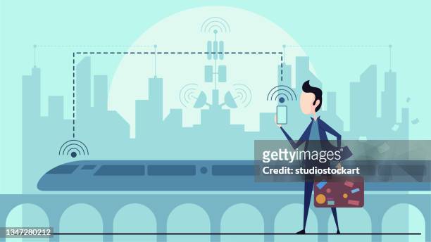 smart city 5g online-kommunikationsnetz - bahnreisender stock-grafiken, -clipart, -cartoons und -symbole