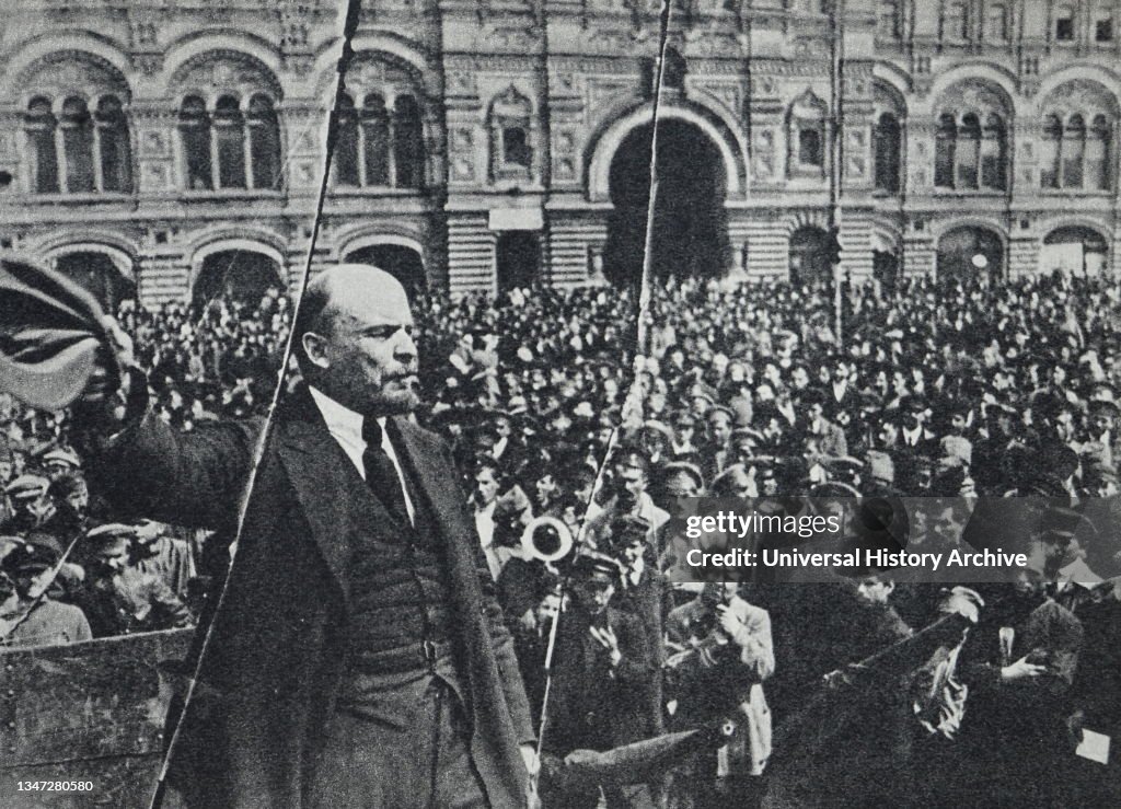 Vladimir Lenin in Red Square, he delivers a speech from a car to the general military training troops. 1919, May 25. Moscow