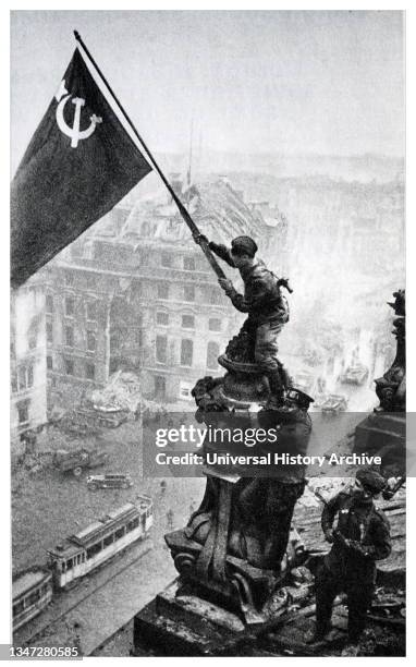 Banner over the Reichstag in honor of the capture of Berlin by Russian forces 1945..