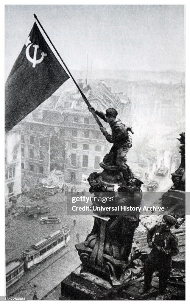 Banner over the Reichstag in honor of the capture of Berlin by Russian forces 1945