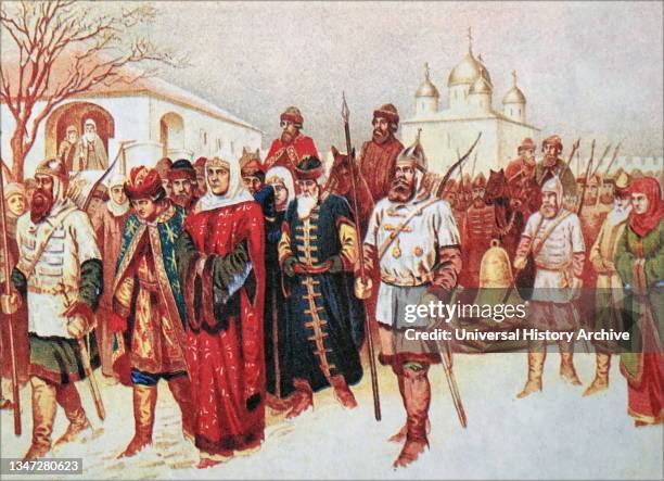 The conquest of Novgorod by Ivan III in 1478. Deportation of Martha Posadnitsa, noble Novgorodians and the veche bell to Moscow. Artist A. D....