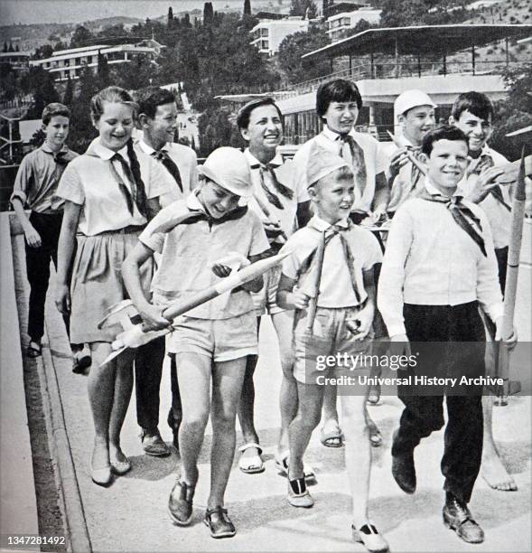 Soviet youth pioneer children at a summer camp. 1965..