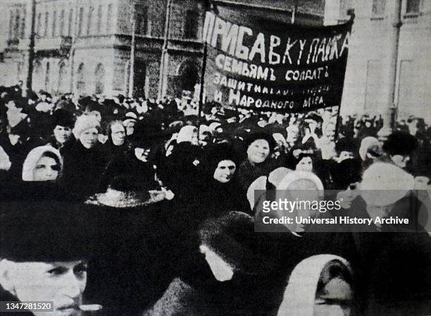 Demonstration of Petrograd workers on Women's Day on February 23 1917, which became the first day of the February Revolution..