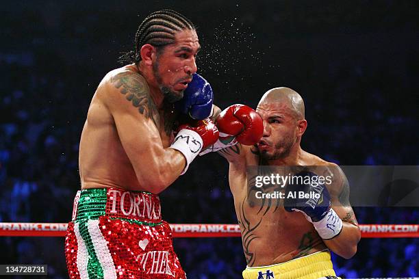 Miguel Cotto of Puerto Rico connects with a right handed punch to the face of Antonio Margarito of Mexico during the WBA World Junior Middleweight...