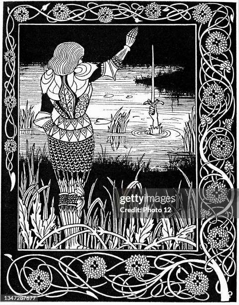 Hand in the lake reclaims Excalibur, King Arthur's sword. 1893 illustration by Aubrey Beardsley for Thomas Mallory ''Le Morte D'arthur''. Woodcut.