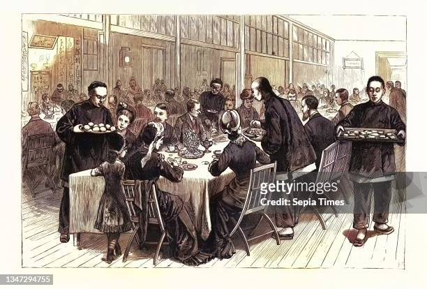 Chinese New Year's Tea Party in the Trinity Baptist Church, January 31st. U.S., Engraving 1880 1881.
