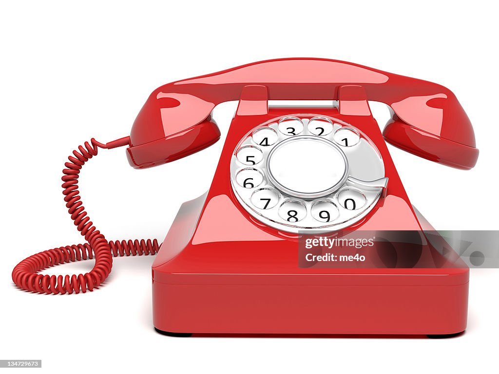 Red circle dial telephone on white background