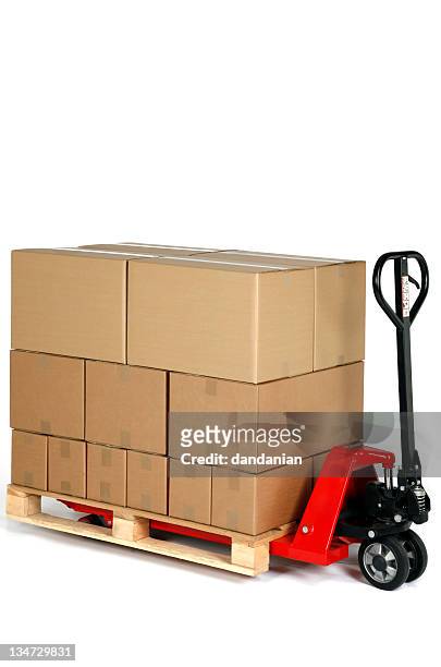 red pallet truck fully loaded with plain pasteboard boxes - pallet jack stock pictures, royalty-free photos & images