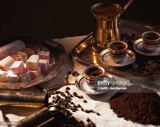 turkish delight and turkish coffee - turkish coffee drink stock pictures, royalty-free photos & images