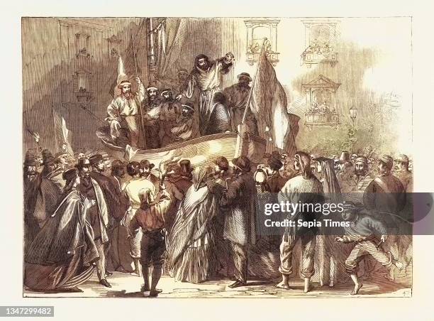 Padre Giovanni Addressing the People in Front of the Jesuits' College, Naples, Italy, 1860 Engraving.