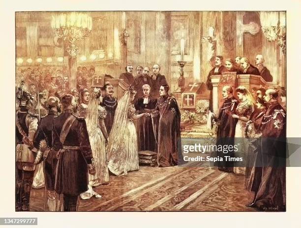 The Royal Marriage at Berlin, Germany: Wedding Ceremony in the Chapel of the Royal Palace, Prince Frederick Charles of Hesse and Princess Margaret of...