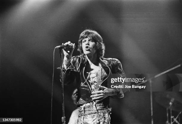 Singer Mick Jagger of British rock group the Rolling Stones concert in concert at Wembley in London, UK, 1972.