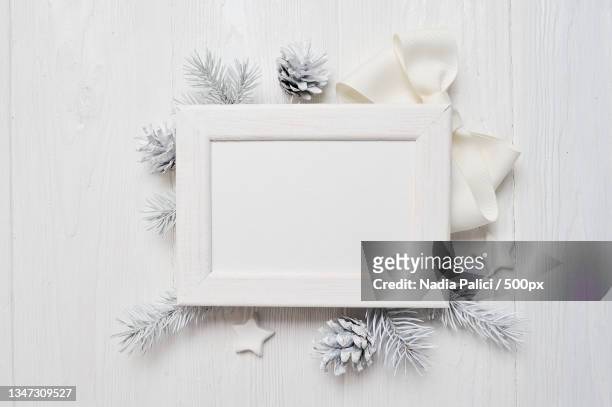 directly above shot of christmas decoration on table - christmas picture frame stock pictures, royalty-free photos & images