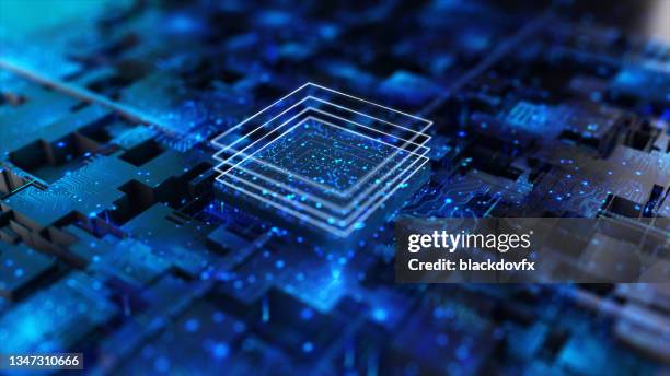 chip del processore, ambiente tecnologico, concetto di blockchain - intelligenza artificiale foto e immagini stock