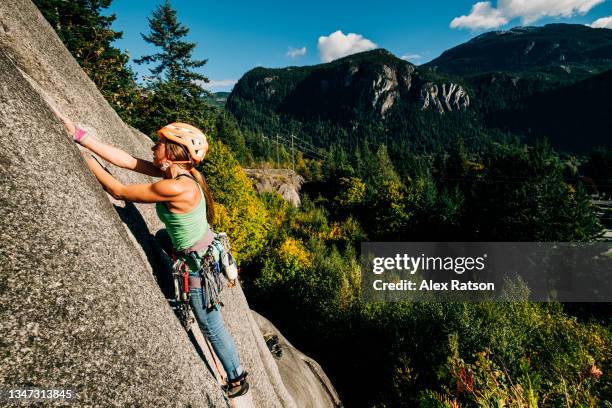 a strong female rock climber is high above the ground at a scenic rock face - rock face stock pictures, royalty-free photos & images