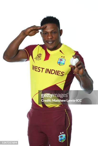 Sheldon Cotterill of West Indies poses for a headshot prior to the ICC Men's T20 World Cup at on October 15, 2021 in Dubai, United Arab Emirates.