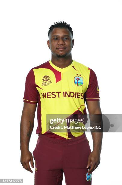 Evin Lewis of West Indies poses for a headshot prior to the ICC Men's T20 World Cup at on October 15, 2021 in Dubai, United Arab Emirates.