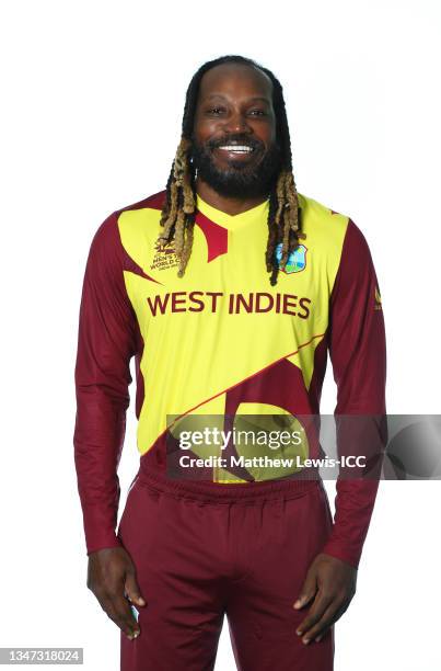 Chris Gayle of West Indies poses for a headshot prior to the ICC Men's T20 World Cup at on October 15, 2021 in Dubai, United Arab Emirates.