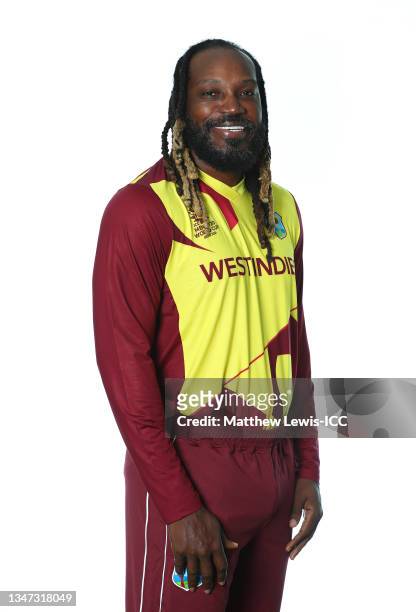 Chris Gayle of West Indies poses for a headshot prior to the ICC Men's T20 World Cup at on October 15, 2021 in Dubai, United Arab Emirates.