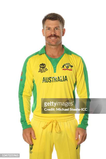David Warner of Australia poses for a headshot prior to the ICC Men's T20 World Cup at on October 15, 2021 in Abu Dhabi, United Arab Emirates.
