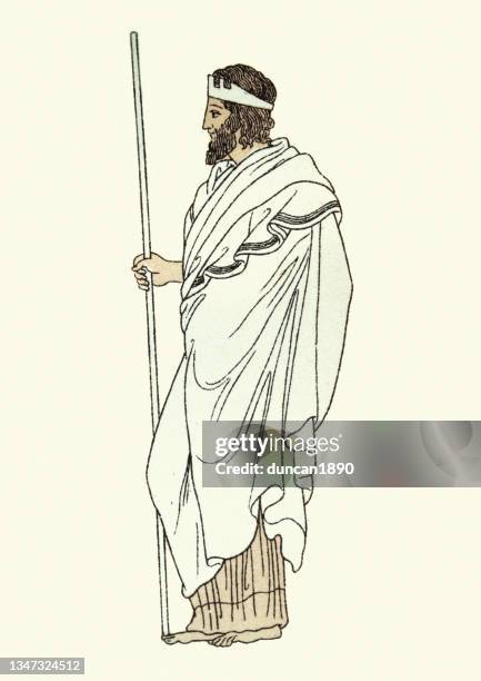 men's fashion in ancient greece, greek man wearing himation and crown - greece costume stock illustrations